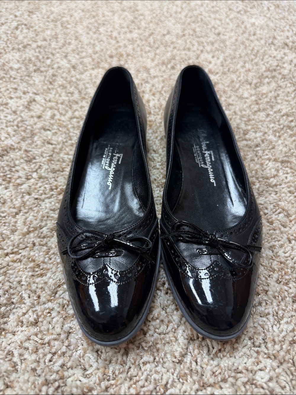 Salvatore Ferragamo Black Patent Leather Bow Flats